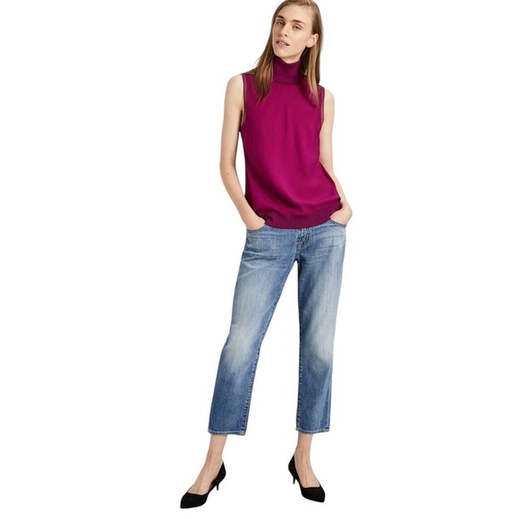 Theory 100% Silk Electric Pink Sleeveless Turtleneck Ribbed Knit Top $245 - Picture 1 of 11